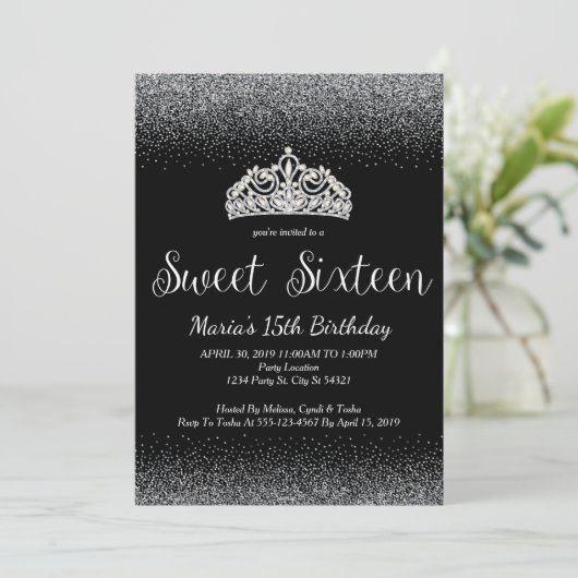 Silver Glitter, Sweet 16 Uitnodigingen (Staand voorkant)
