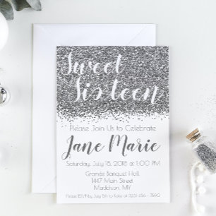 Silver Glitter Sweet Sixteen Uitnodiging