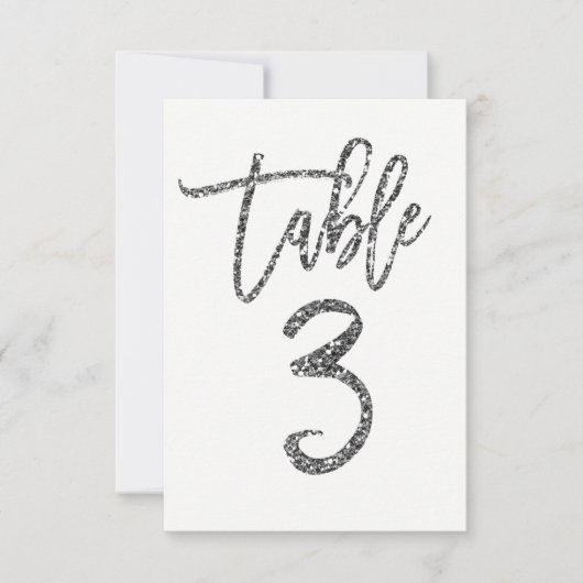 Silver Glitter Trendy Modern Script Table Number 3 Kaart (Voorkant)