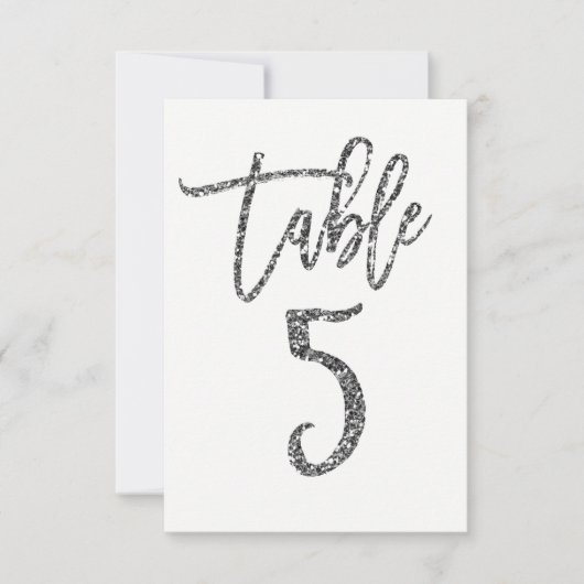Silver Glitter Trendy Modern Script Table Number 5 Kaart (Voorkant)