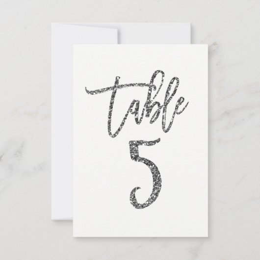 Silver Glitter Trendy Modern Script Table Number 5 Kaart (Achterkant)