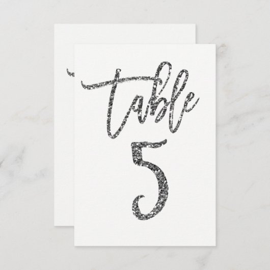 Silver Glitter Trendy Modern Script Table Number 5 Kaart (Voorkant / Achterkant)