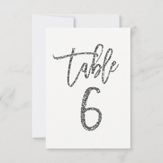 Silver Glitter Trendy Modern Script Table Number 6 Kaart (Achterkant)