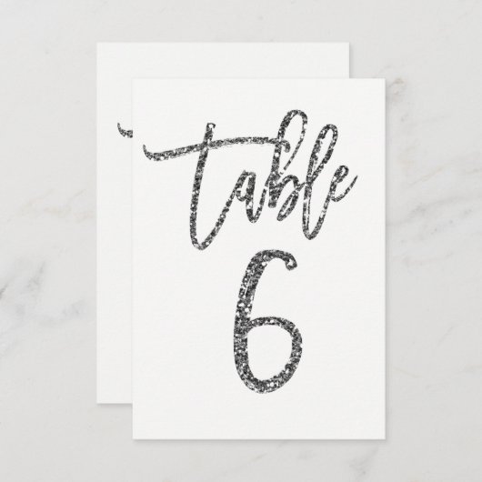 Silver Glitter Trendy Modern Script Table Number 6 Kaart (Voorkant / Achterkant)