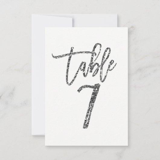 Silver Glitter Trendy Modern Script Table Number 7 Kaart (Voorkant)