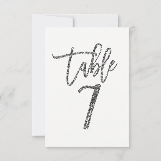 Silver Glitter Trendy Modern Script Table Number 7 Kaart (Achterkant)