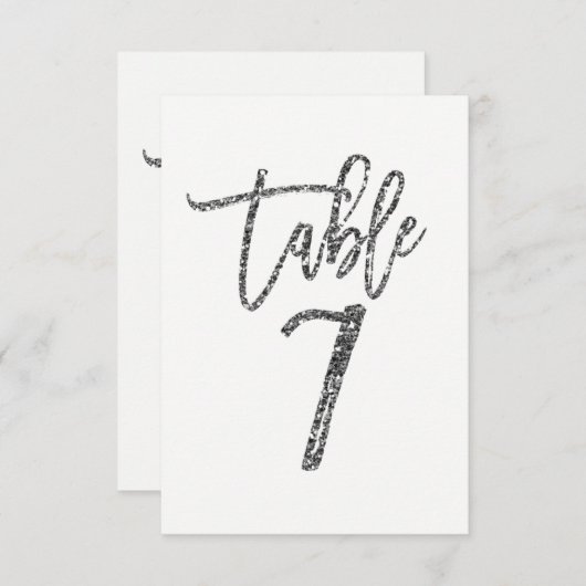 Silver Glitter Trendy Modern Script Table Number 7 Kaart (Voorkant / Achterkant)