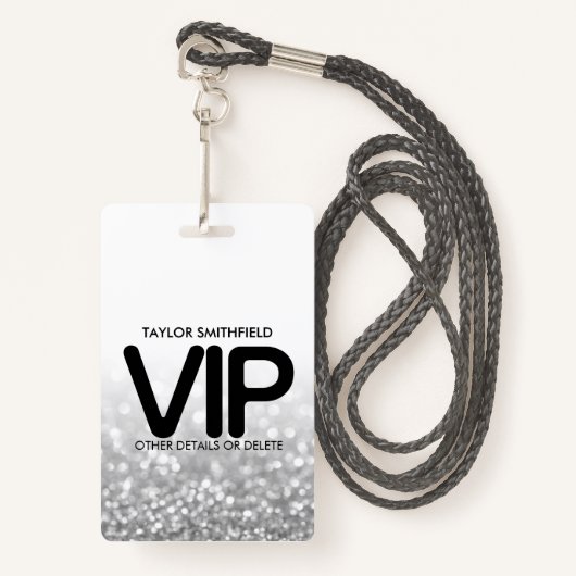 Silver Glitter trendy VIP lanyard badge douane (Voorkant met draagriem)