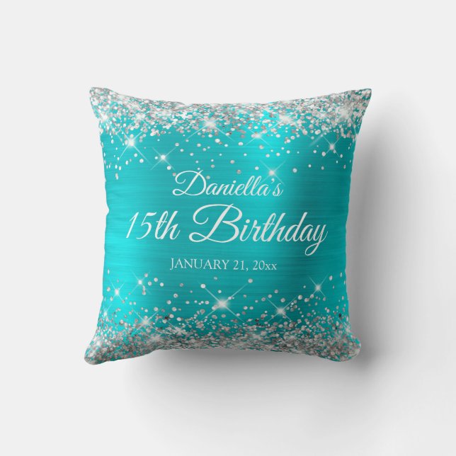 Silver Glitter Turquoise Blue 15th Birthday Kussen (Achterkant)