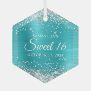 Silver Glitter Turquoise Blue Folie Sweet 16 Glas Ornament