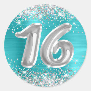 Silver Glitter Turquoise Blue Number 16 Birthday Ronde Sticker