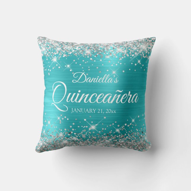 Silver Glitter Turquoise Blue Quinceañera Kussen (Achterkant)