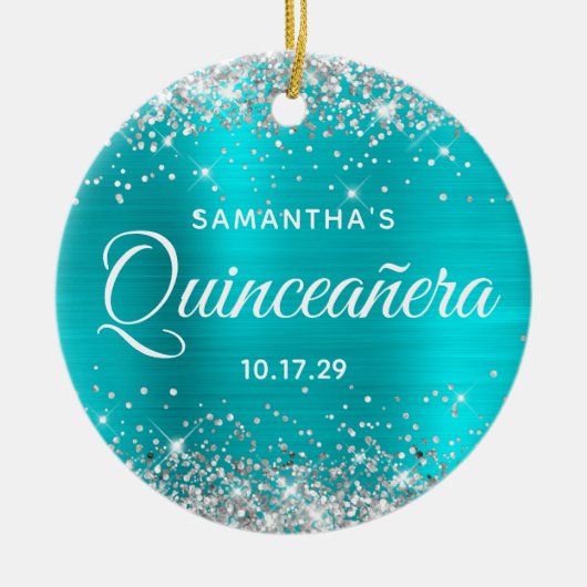 Silver Glitter Turquoise Foil Quinceañera Keramisch Ornament (Voorkant)