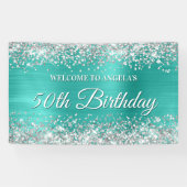 Silver Glitter Turquoise Folie 50th Birthday Spandoek (Horizontaal)