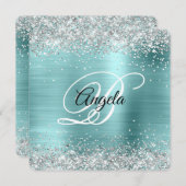 Silver Glitter Turquoise Folie Fancy Monogram Kaart (Voorkant / Achterkant)