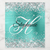 Silver Glitter Turquoise Folie Fancy Monogram Wijn Etiket (Enkel label)