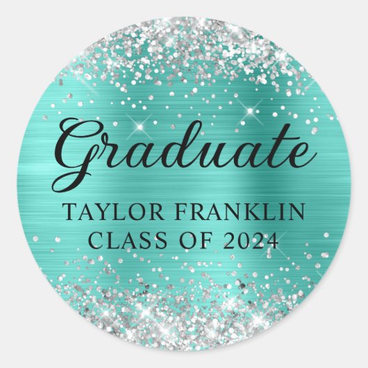 Silver Glitter Turquoise Klasse van 2024 Afstudere Ronde Sticker (Voorkant)