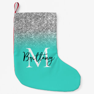 Silver Glitter Turquoise Ombre Monogrammed Kleine Kerstsok