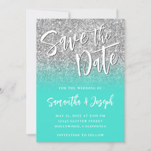 Silver Glitter Turquoise Ombre Save The Date