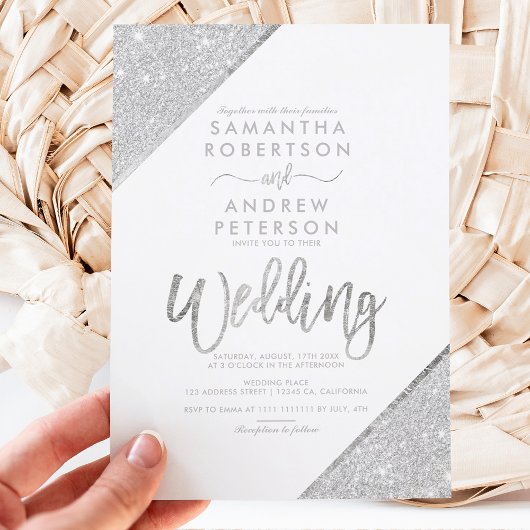 Silver glitter-typografie witte bruiloft kaart