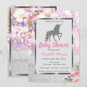 Silver Glitter Unicorn Bokeh, Floral Baby shower Kaart