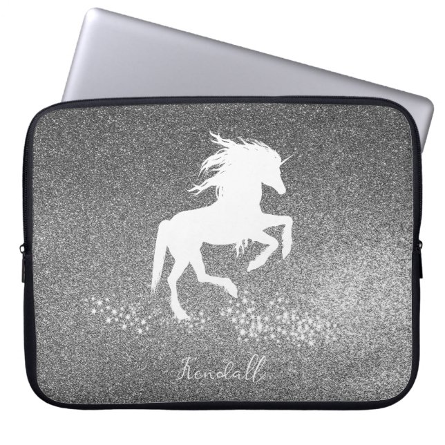 Silver Glitter Unicorn-laptophoes Laptop Sleeve (Voorkant)