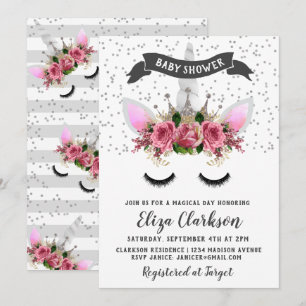 Silver Glitter Unicorn Princess Baby shower Kaart
