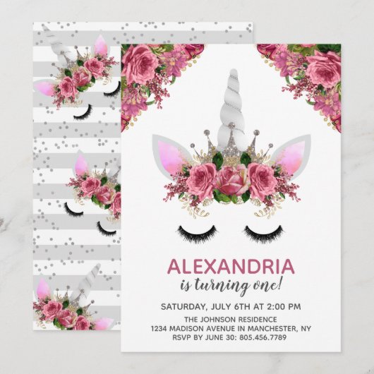 Silver Glitter Unicorn Princess Birthday Kaart (Voorkant / Achterkant)