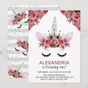 Silver Glitter Unicorn Princess Birthday Kaart