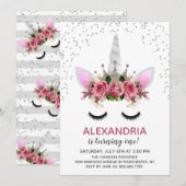 Silver Glitter Unicorn Princess Birthday Kaart (Voorkant / Achterkant)