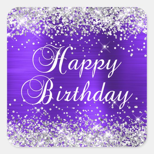 Silver Glitter Violet Paarse Happy Birthday Vierkante Sticker (Voorkant)