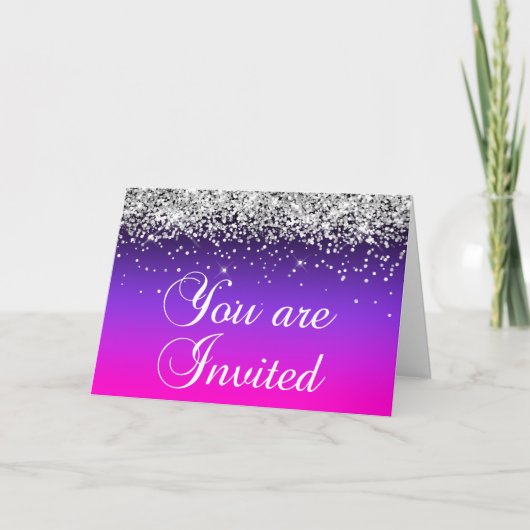 Silver Glitter Violet Roze Ombre je wordt uitgenod (Voorkant)