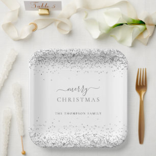 Silver Glitter White Name Merry Kerstry Papieren Bordje