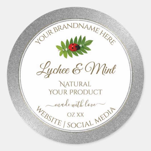 Silver Glitter White Product Labels Ladybug Leaf (Voorkant)