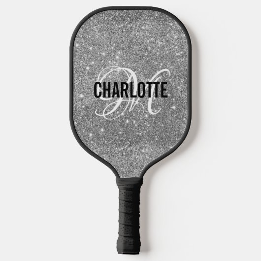 Silver glitter white script monogram name pickleball paddle (Achterkant)