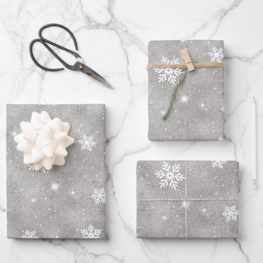 Silver Glitter White Stars en Snowflakes Pattern Inpakpapier Vel (Voorkant)