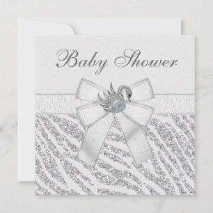 Silver Glitter Zebra Print & Swan Baby shower Kaart