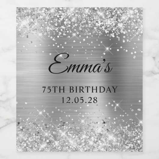 Silver Glitter Zilverachtig Grijs Folie 75e Verjaa Wijn Etiket (Enkel label)