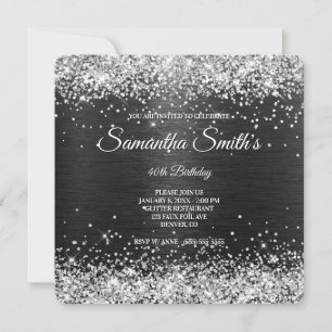 Silver Glitter Zwart Folie 40e Verjaardag Monogram Kaart