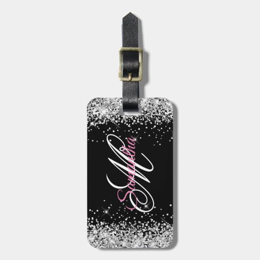Silver Glitter Zwart Wit en Roze Fancy Monogram Bagagelabel (Voorkant verticaal)