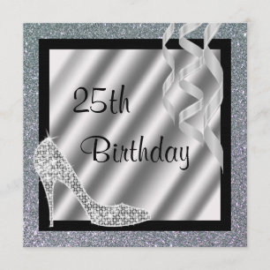 Silver Glittery Stiletto & Streamers 25th Birthday Kaart