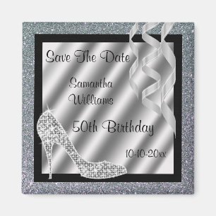 Silver Glittery Stiletto & Streamers 50th Birthday Magneet