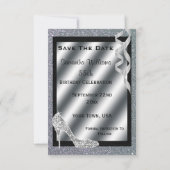 Silver Glittery Stiletto & Streamers 55th Birthday Save The Date (Achterkant)