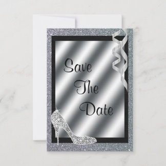 Silver Glittery Stiletto & Streamers 55th Birthday Save The Date
