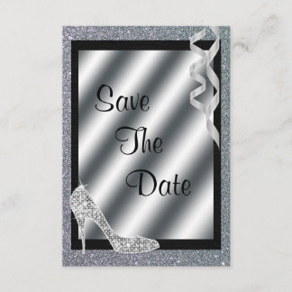 Silver Glittery Stiletto & Streamers 65th Birthday Save The Date