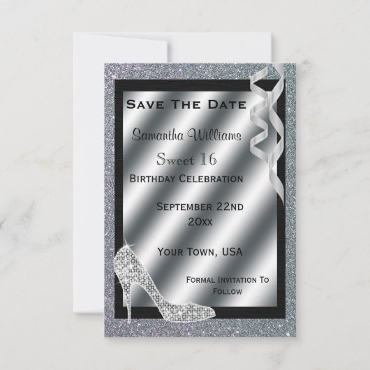 Silver Glittery Stiletto & Streamers Sweet 16 Save The Date (Achterkant)