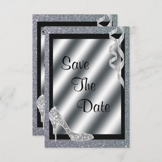 Silver Glittery Stiletto & Streamers Sweet 16 Save The Date (Voorkant / Achterkant)