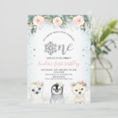 Silver Glittler One Winter Animals 1st Birthday Kaart (Staand voorkant)