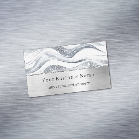 Silver Glitzy Waves Stripes Business name website Magnetisch Visitekaartje (Voorbeeld)
