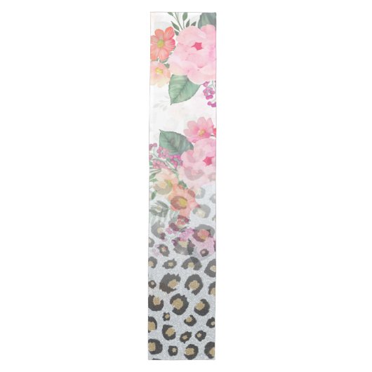Silver Gold Black leopard Print Pink Flowers Medium Tafelloper (Voorkant)